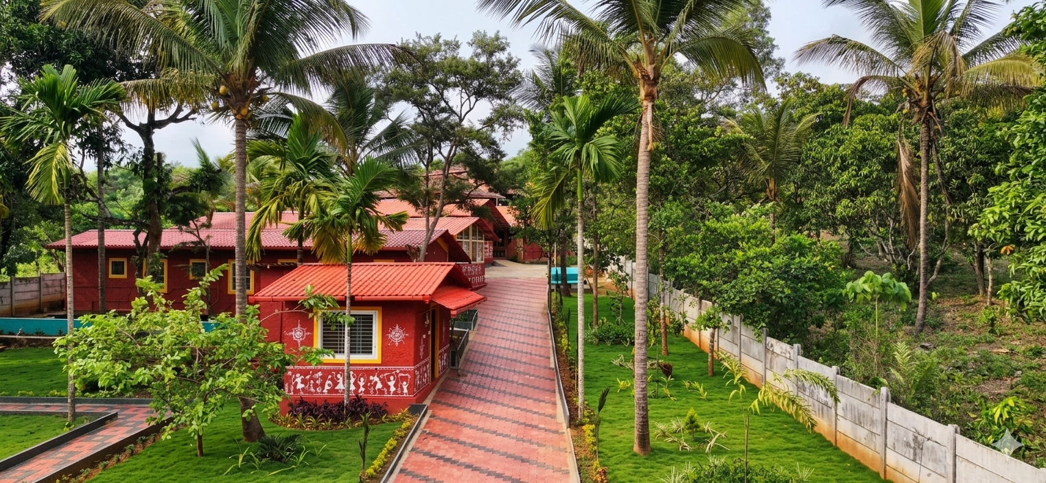An aerial view of the Shanthivana campus with red-roofed buildings, palm trees, and a winding brick pathway through lush greenery