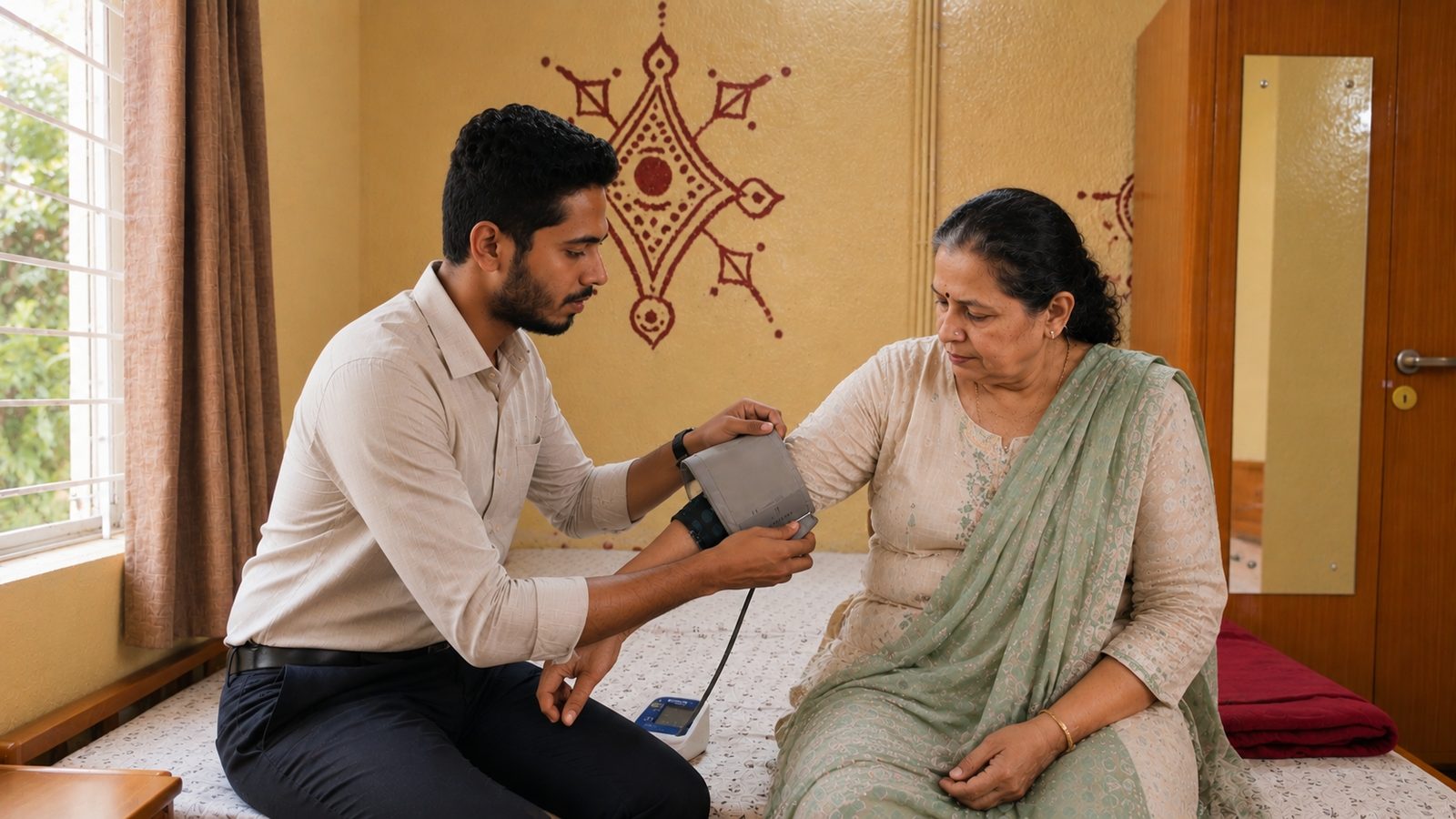 A caregiver checking an elderly resident's blood pressure in her room