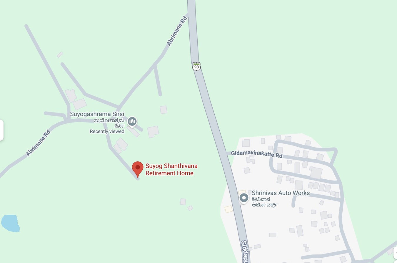 Map showing Shanthivana Retirement Home on Abrimane Road, Mundigesara, Sirsi